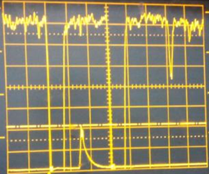 Oscillograms of DPE signal in cobalt (upper beam) and signal from wavemeter (lower beam), showing RF and MVP pulses position